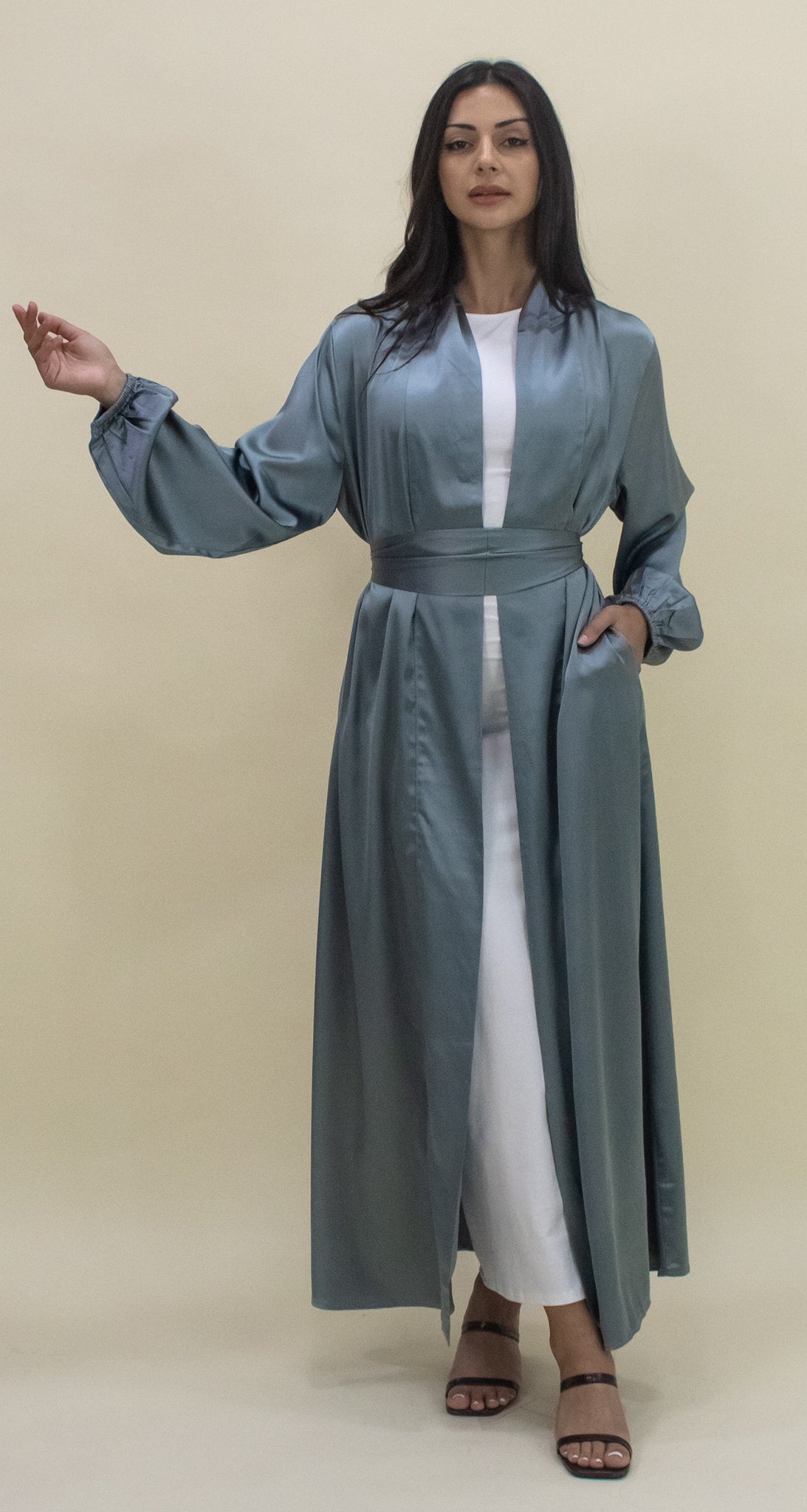 Luxe Satin Open Abaya - Dusty Blue