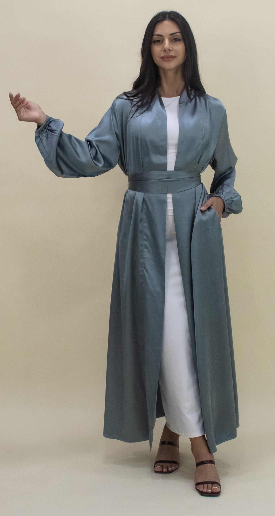 Luxe Satin Open Abaya - Dusty Blue