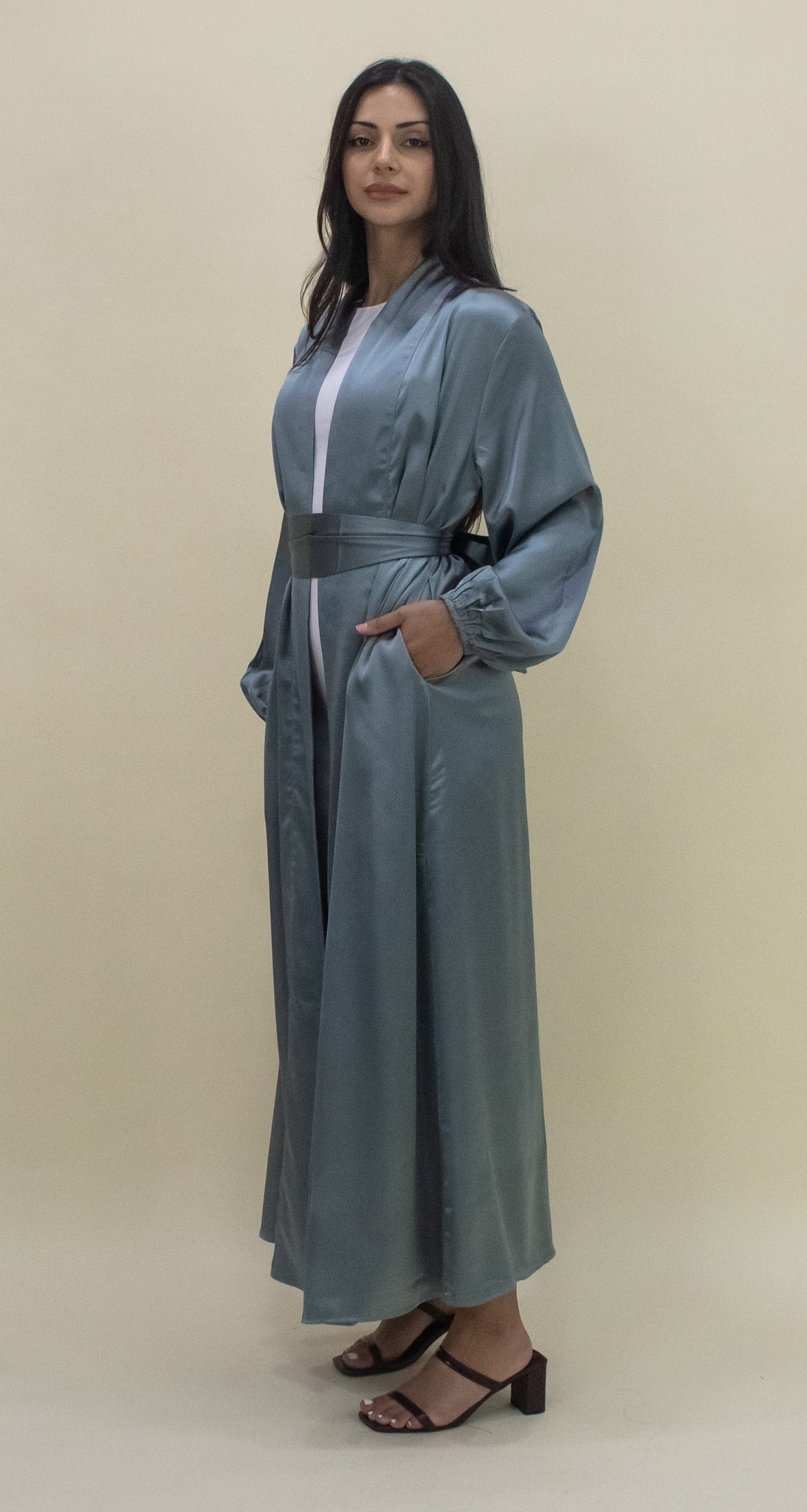 Luxe Satin Open Abaya - Dusty Blue