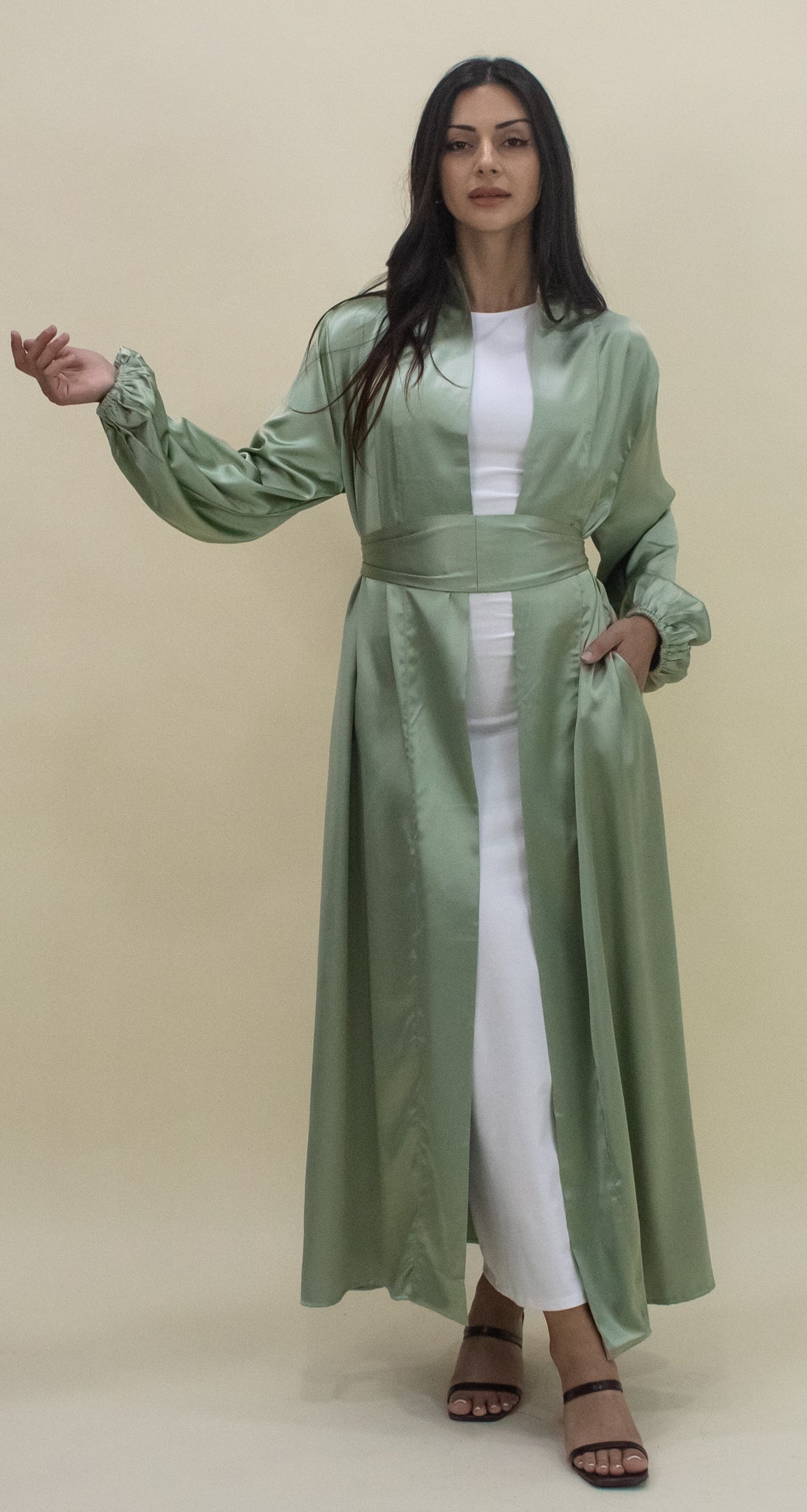 Luxe Satin Open Abaya - Mint