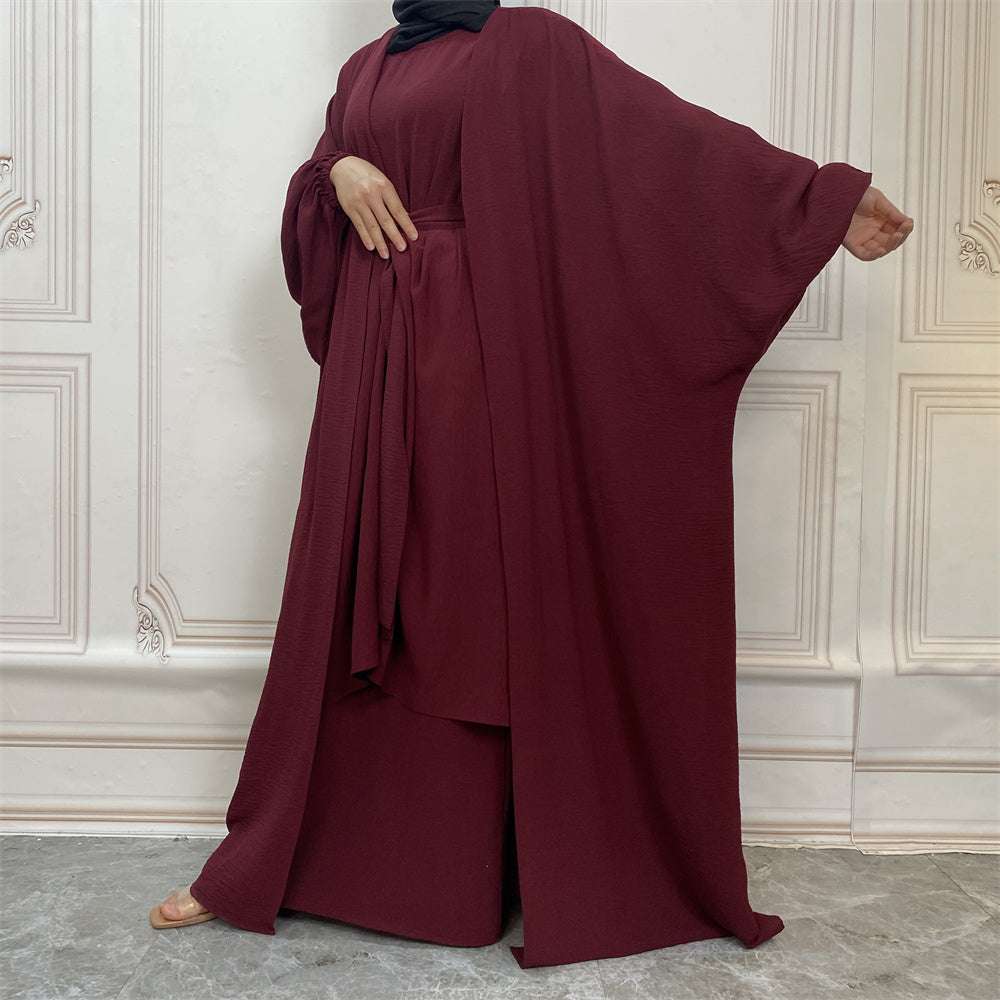 Pleated Three Piece Wrap Abaya - Wine