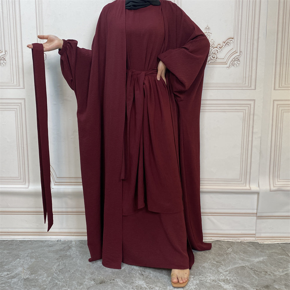 Pleated Three Piece Wrap Abaya - Wine