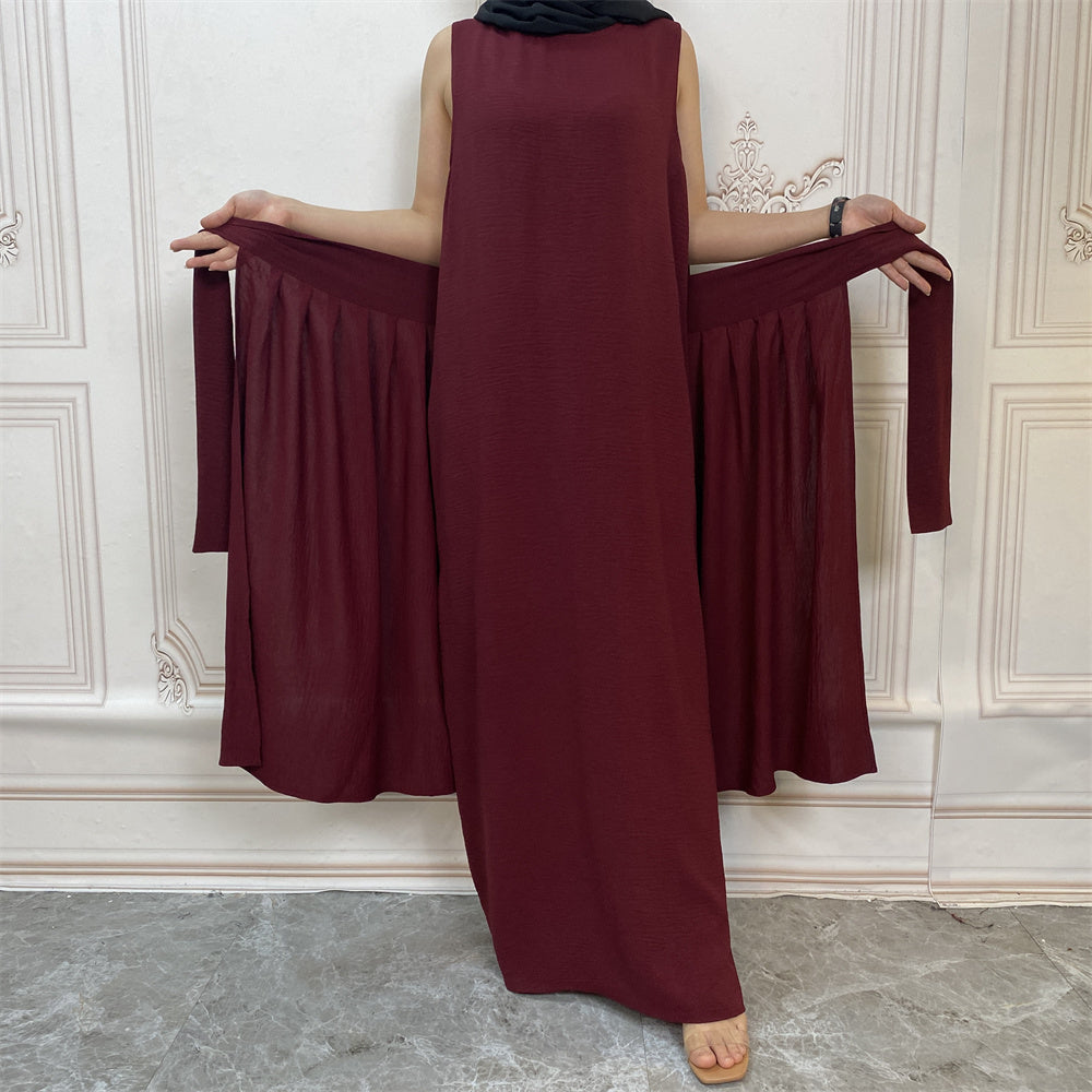 Pleated Three Piece Wrap Abaya - Wine
