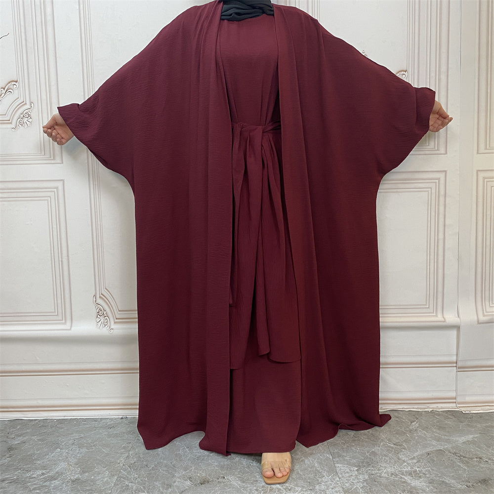 Pleated Three Piece Wrap Abaya - Wine
