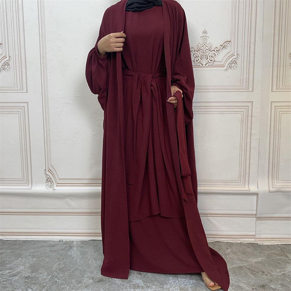 Pleated Three Piece Wrap Abaya - Wine