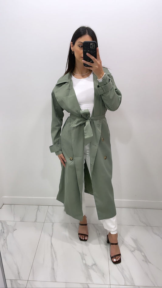 Classic Long Trench Coat - Sage