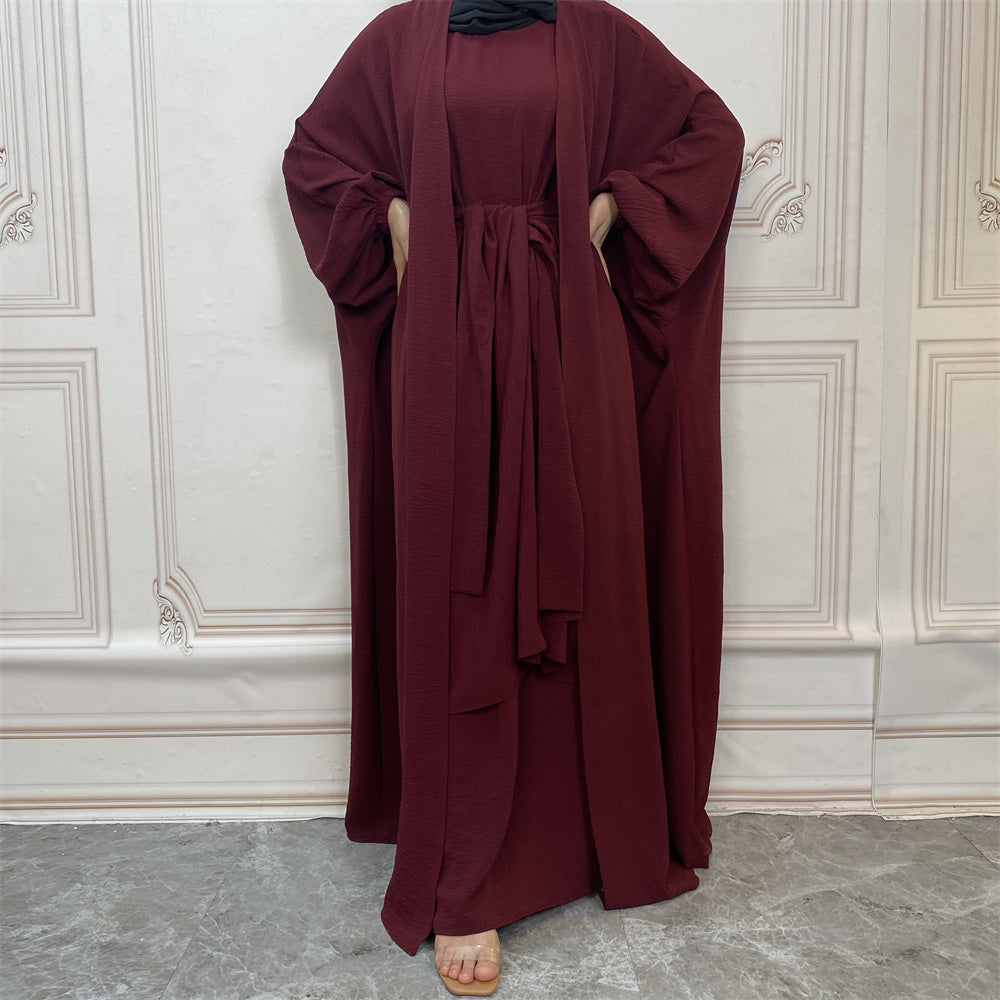 Pleated Three Piece Wrap Abaya - Wine