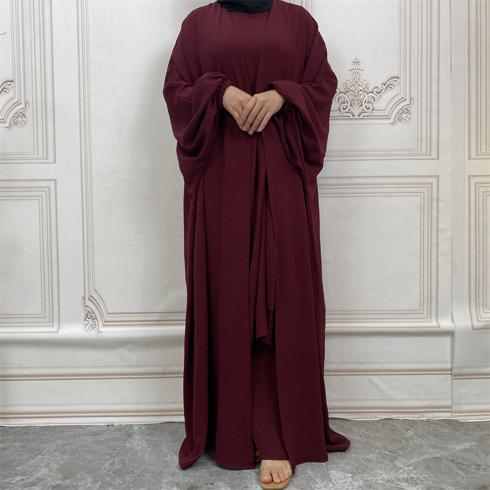Pleated Three Piece Wrap Abaya - Wine