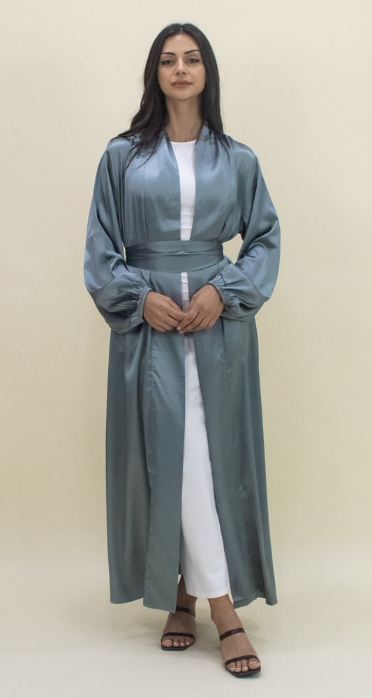 Luxe Satin Open Abaya - Dusty Blue