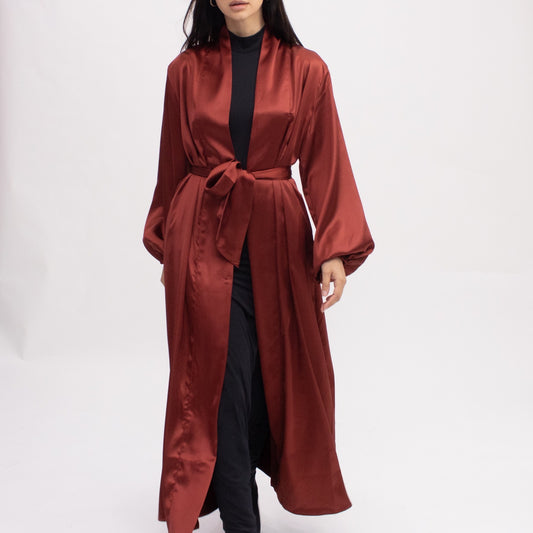 Luxe Satin Open Abaya - Rust